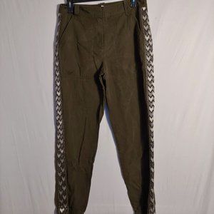 Rebecca Taylor Metallic Embroidered Twill jogger style Pants Green/brown Sz 4